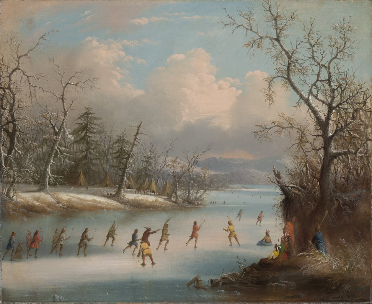 Indianere der spiller lacrosse på isen, 1859 af Edmund C. Coates