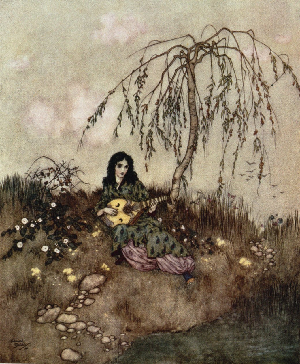 Når hun var færdig med sit arbejde, sang og spillede hun", fra "Askepot", ca. 1910. af Edmund Dulac