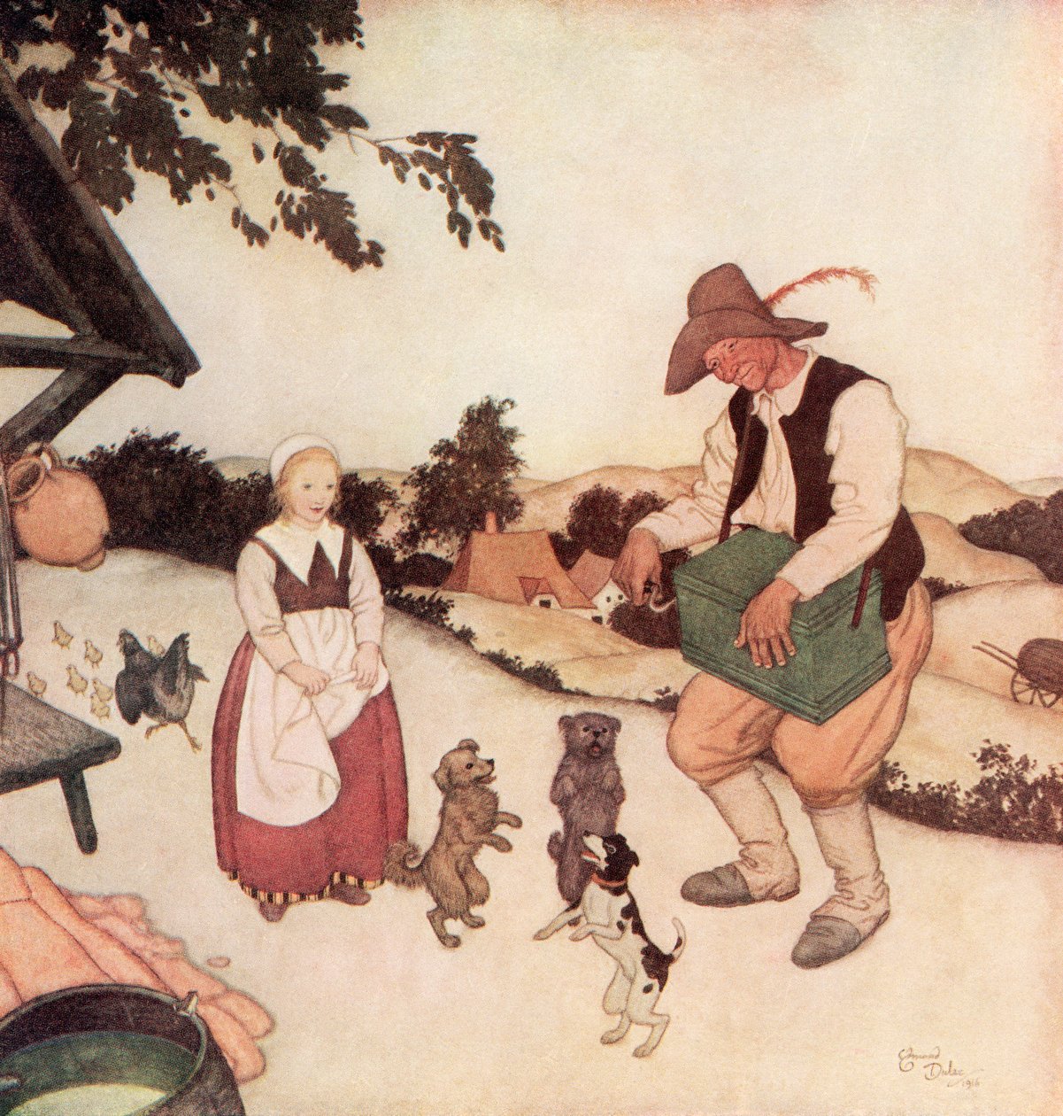 "Og da han så Hvide Caroline, begyndte han at spille på sit orgel de smukkeste melodier, som det var muligt at høre, og de tre små hunde begyndte at danse sammen", illustration fra det flamske eventyr Hvide Caroline og Sorte Caroline, fra E af Edmund Dulac