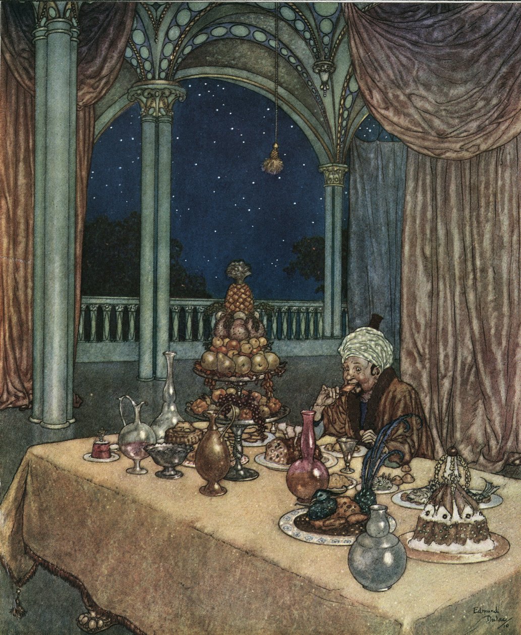 Skønheden og udyret: Belles far ankommer til slottet og opdager et bord fyldt med madvarer, ca. 1910 (litografi) af Edmund Dulac