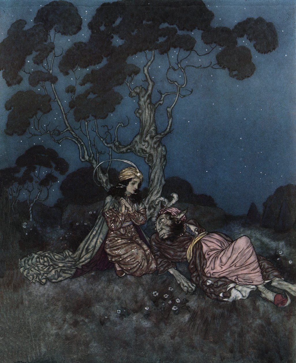 Skønheden og udyret: Skønheden skræmmes af udyret, der ligger tæt på hende, ca. 1910 (litografi) af Edmund Dulac