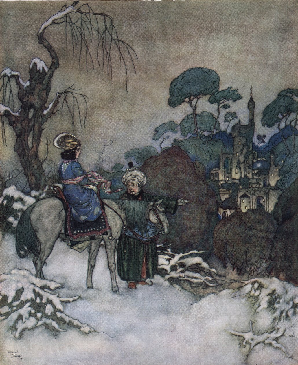 Skønheden og udyret: Belle, der har indvilliget i at tage sin fars plads som fange i Bete for at befri ham, går mod slottet, ca. 1910 (litografi) af Edmund Dulac