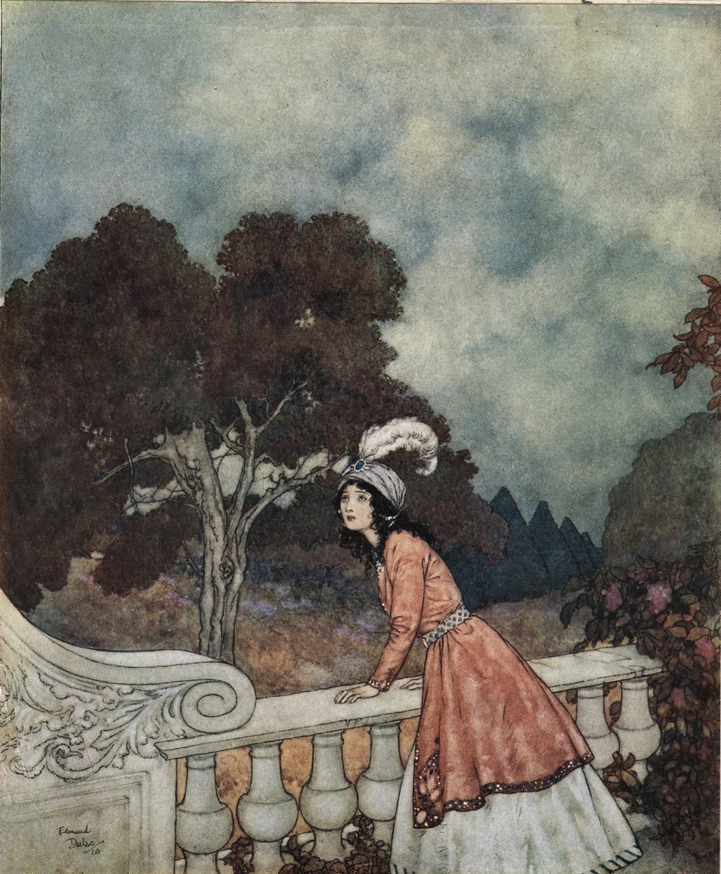Blåskæg: Blåskægs unge kone, Fatima, spørger sin søster Anne, om hun kan se sine brødre fra tårnet, ca. 1910 (litografi). af Edmund Dulac