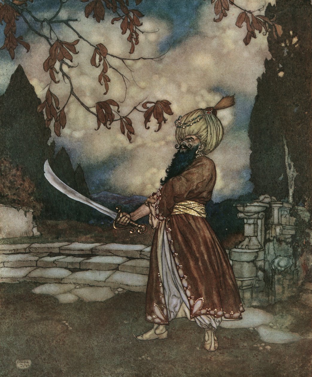 Blåt skæg: Det skræmmende blå skæg har skægget så sort, at det ser blåt ud, ca. 1910 (litografi) af Edmund Dulac