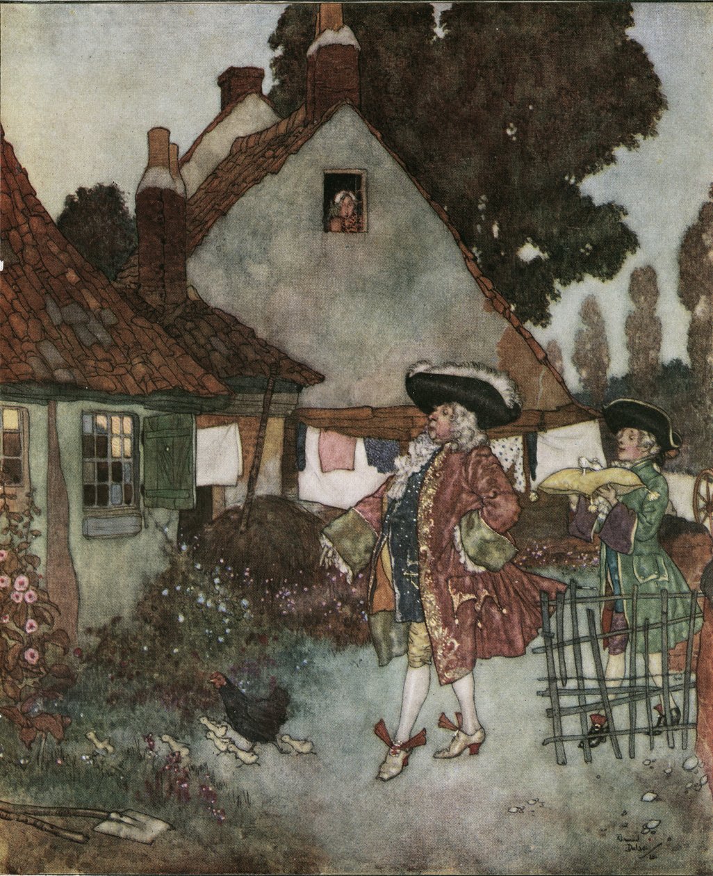 Askepot (Cinderella): ministeren leder i alle kongerigets hytter og huse efter pigen, der har mistet sin vairsko c.1910 (litografi) af Edmund Dulac