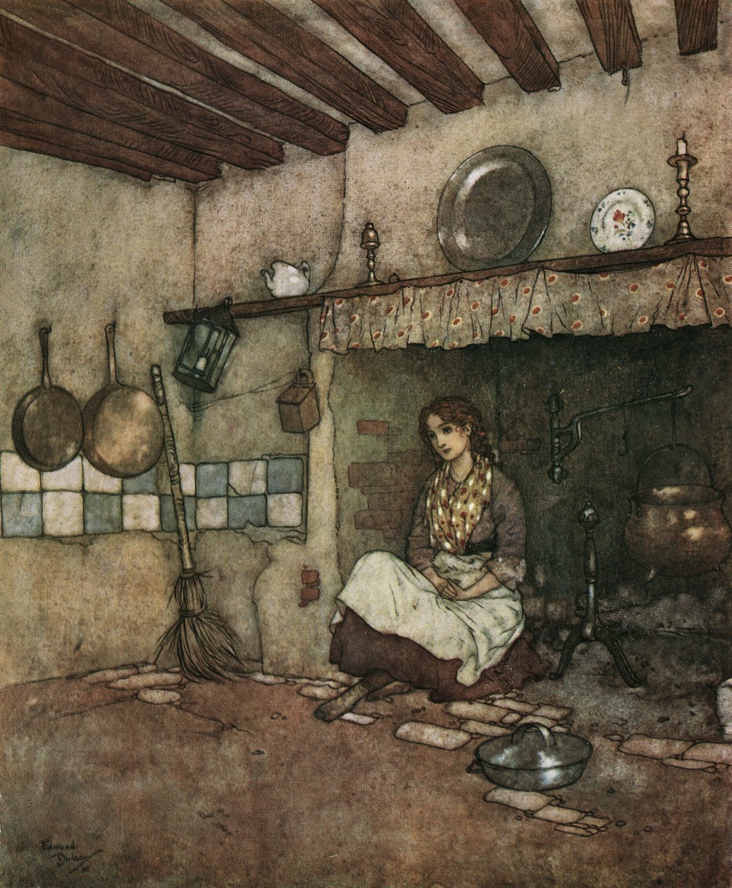 Askepot: den unge Askepot sidder blandt asken i skorstenen, ca. 1910 (litografi) af Edmund Dulac