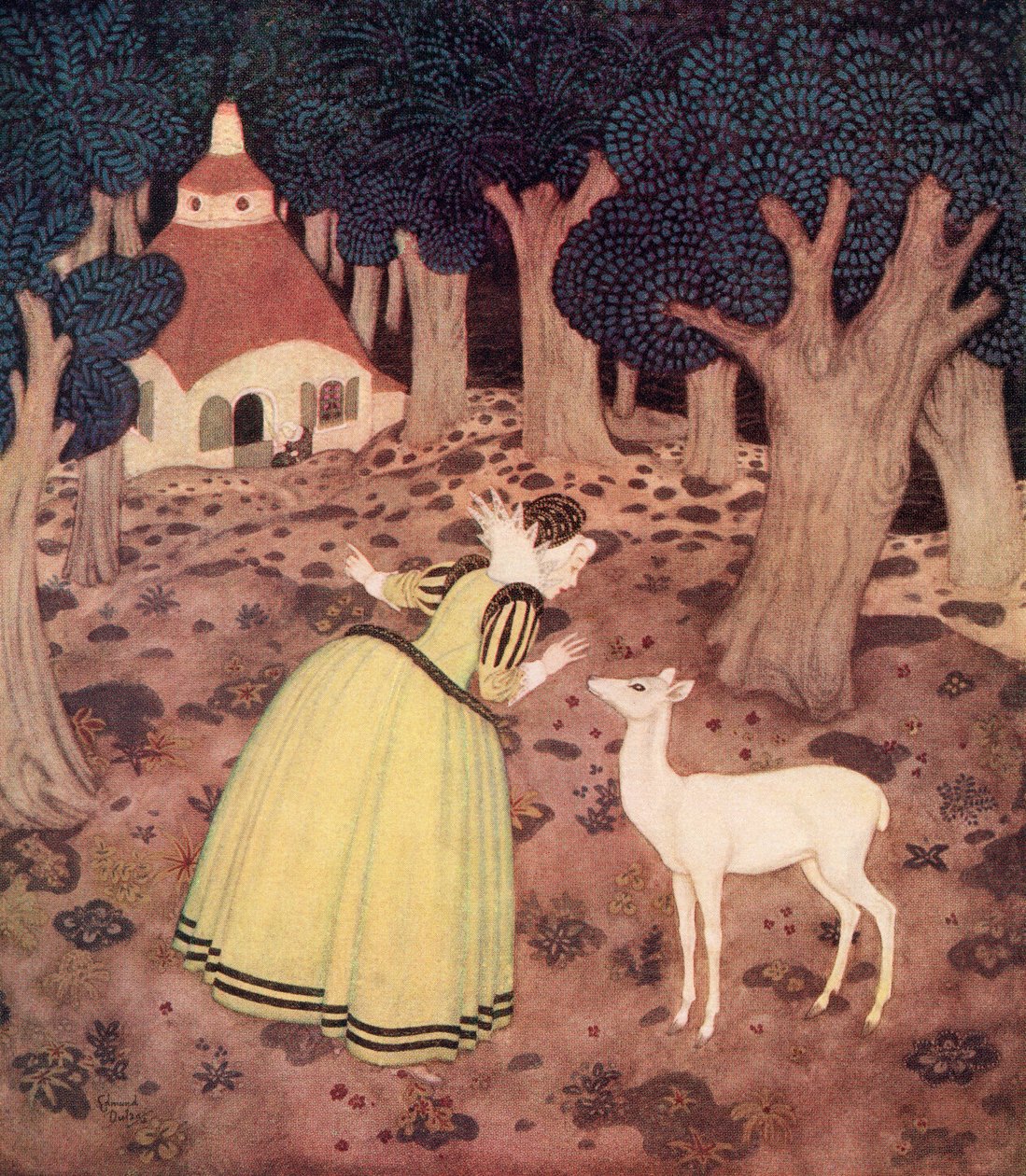 "Giroflee takkede feen og gik langt ind i skoven; og der så hun ganske rigtigt en hytte og en gammel kvinde sidde udenfor", illustration fra det franske eventyr The Hind of the Wood, fra Edmund Dulac