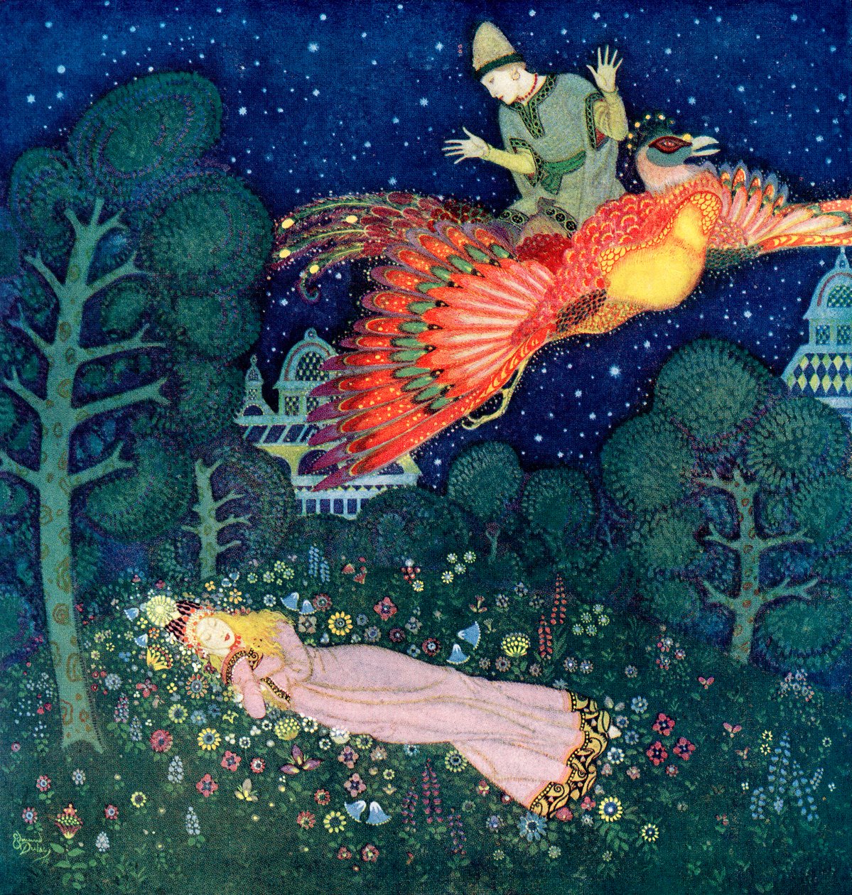 Illustration til det russiske eventyr Ildfuglen af Edmund Dulac