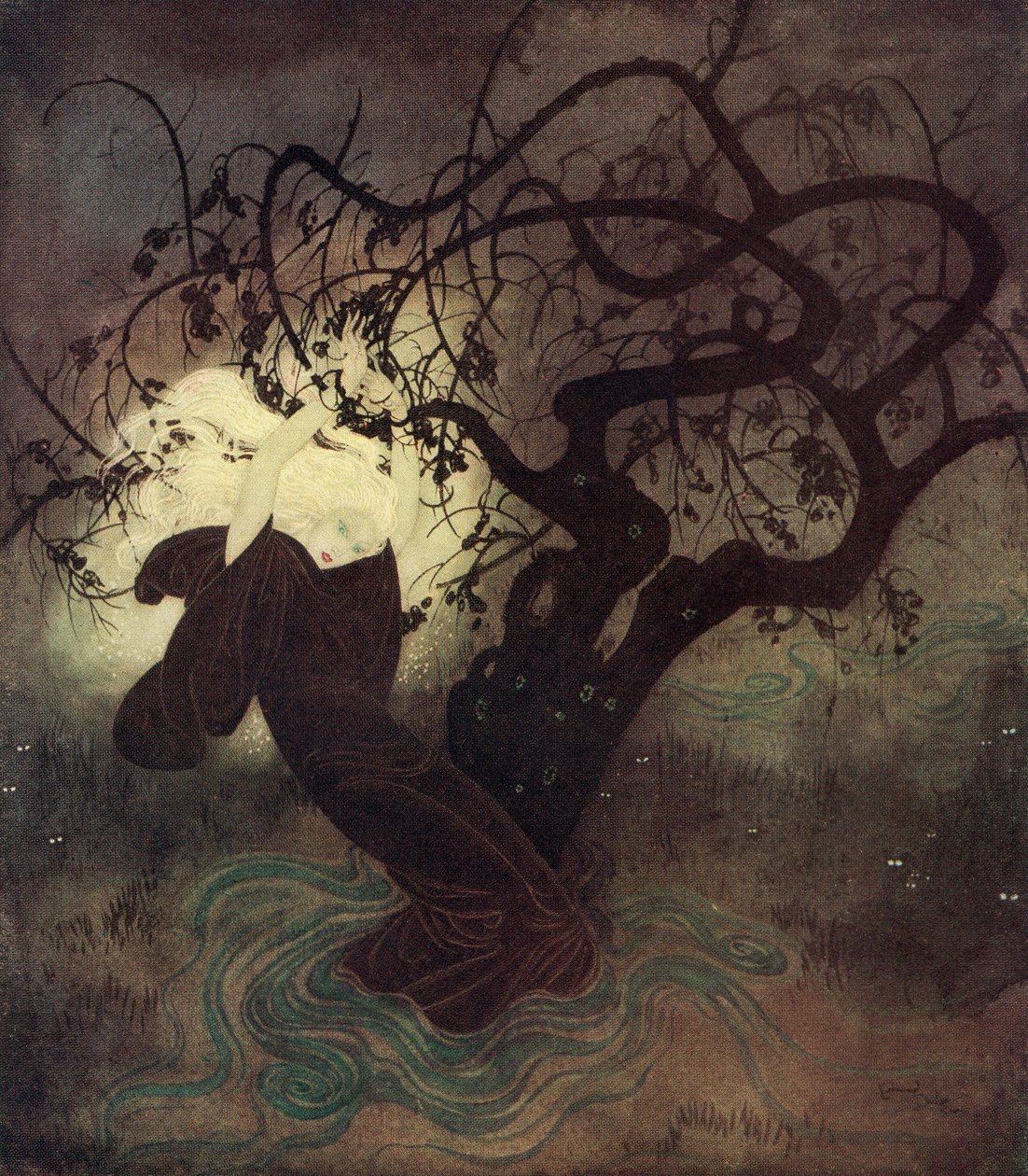"I hendes hektiske kamp faldt kappens hætte tilbage fra hendes blændende gyldne hår, og straks blev hele stedet oversvømmet af lys", illustration fra det engelske eventyr The Buried Moon, fra Edmund Dulacs Fairy-Book: Fairy Tales of the A af Edmund Dulac
