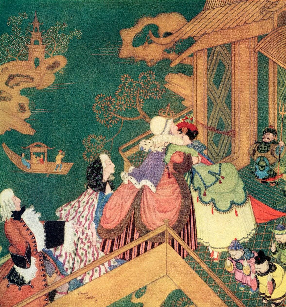 "Laideronnette kyssede og omfavnede den gode fe-beskytter", illustration fra det franske eventyr Den grønne slange, fra Edmund Dulacs Fairy-Book: Fairy Tales of the Allied Nations, udgivet i 1916. af Edmund Dulac