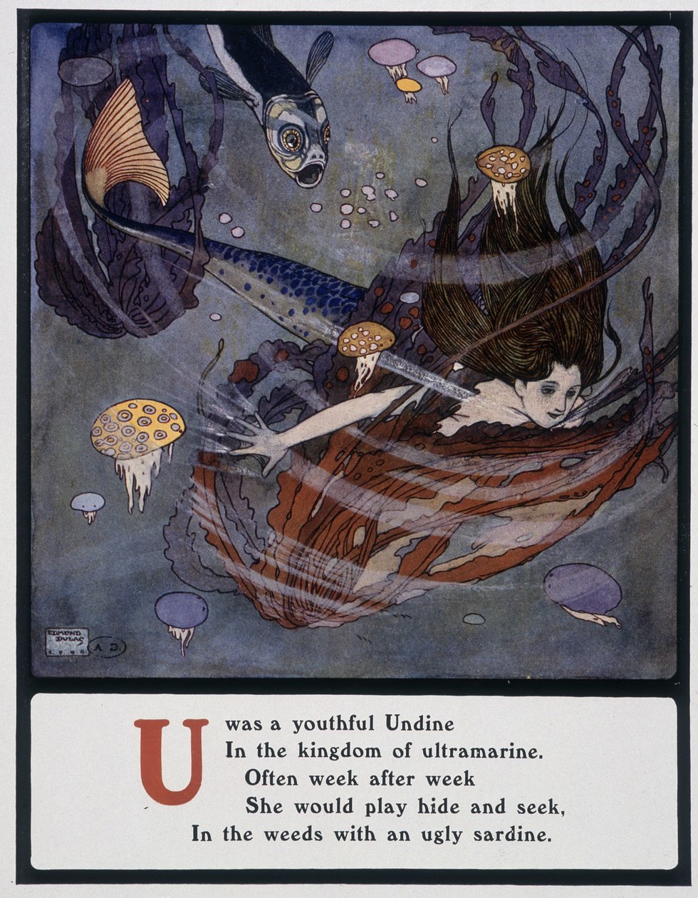 Bogstav U (Undine), havfrue under havet, ca. 1908 (tegning) af Edmund Dulac
