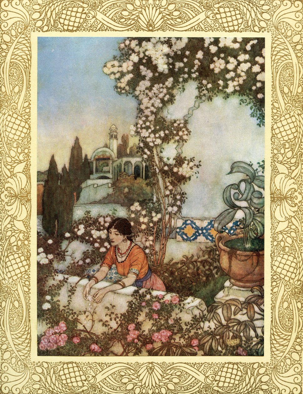 Se på den blæsende rose omkring os - "Lo, Laughing," siger hun, "into the world I blow: Med det samme rives min pung med silkekvasten, og dens skat kastes i haven, illustration fra 