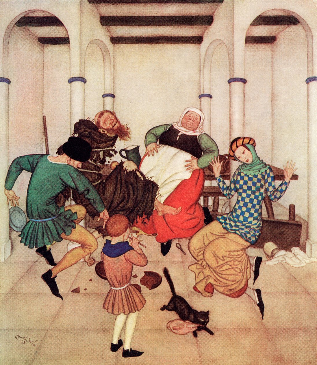 "The Friar, bound fast to the post, squirmed and wriggled, showing plainly that he would foot it if he could", illustration fra det engelske eventyr The Friar and the Boy, fra Edmund Dulac