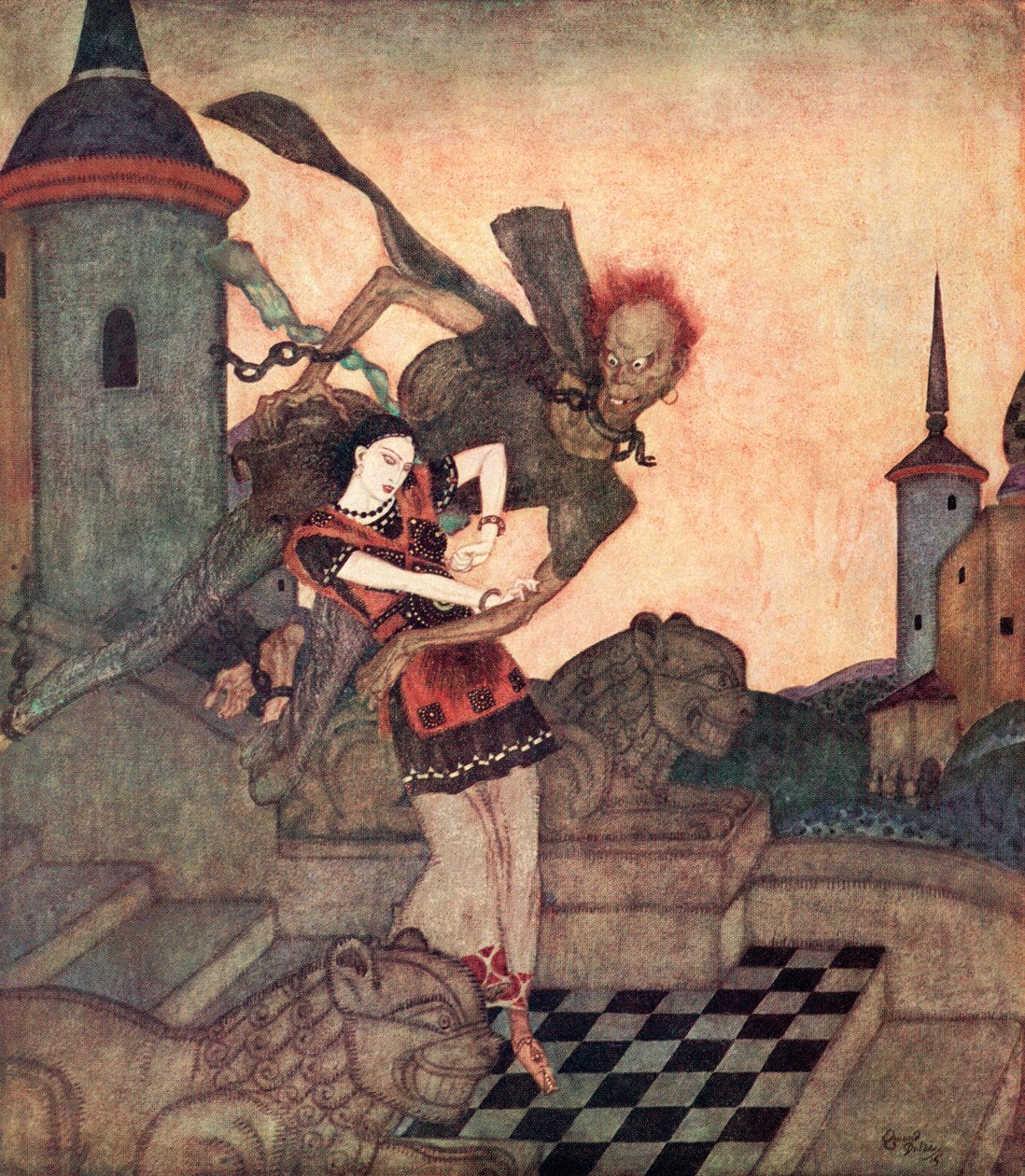 "Prinsen kiggede ud og så ham gribe prinsessen og flyve hurtigt væk", illustration fra det serbiske eventyr The Story of Bashtchelik, fra Edmund Dulac