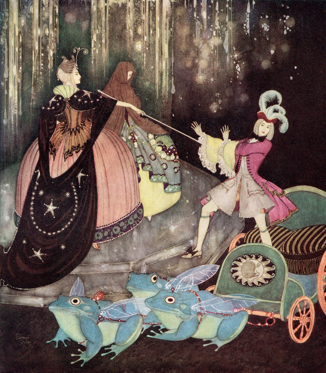 "Prinsen tog en vogn trukket af tre store frøer med store vinger. Truitonne kom på mystisk vis ud af en lille dør", illustration fra det franske eventyr Den blå fugl, fra Edmund Dulac