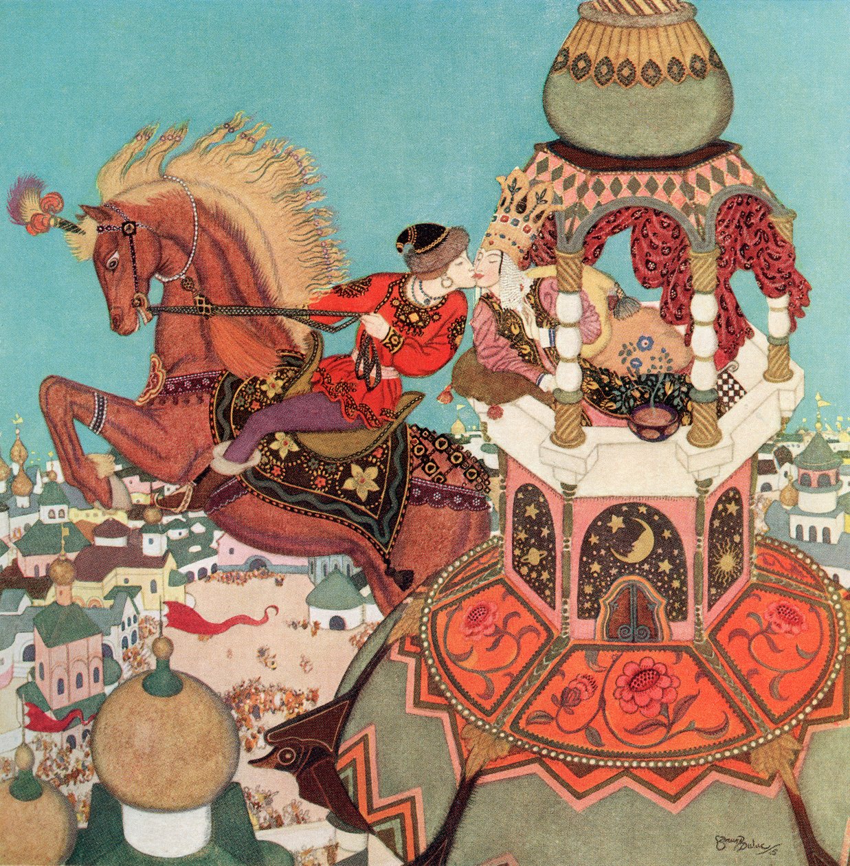 "Kastanjehesten syntes at blive hængende i luften på toppen af sit spring, mens kysset varede ved", illustration fra det russiske eventyr Ivan og kastanjehesten, fra Edmund Dulacs Fairy-Book: Fairy Tales of the Allied Nations, udgivet i 1916. af Edmund Dulac
