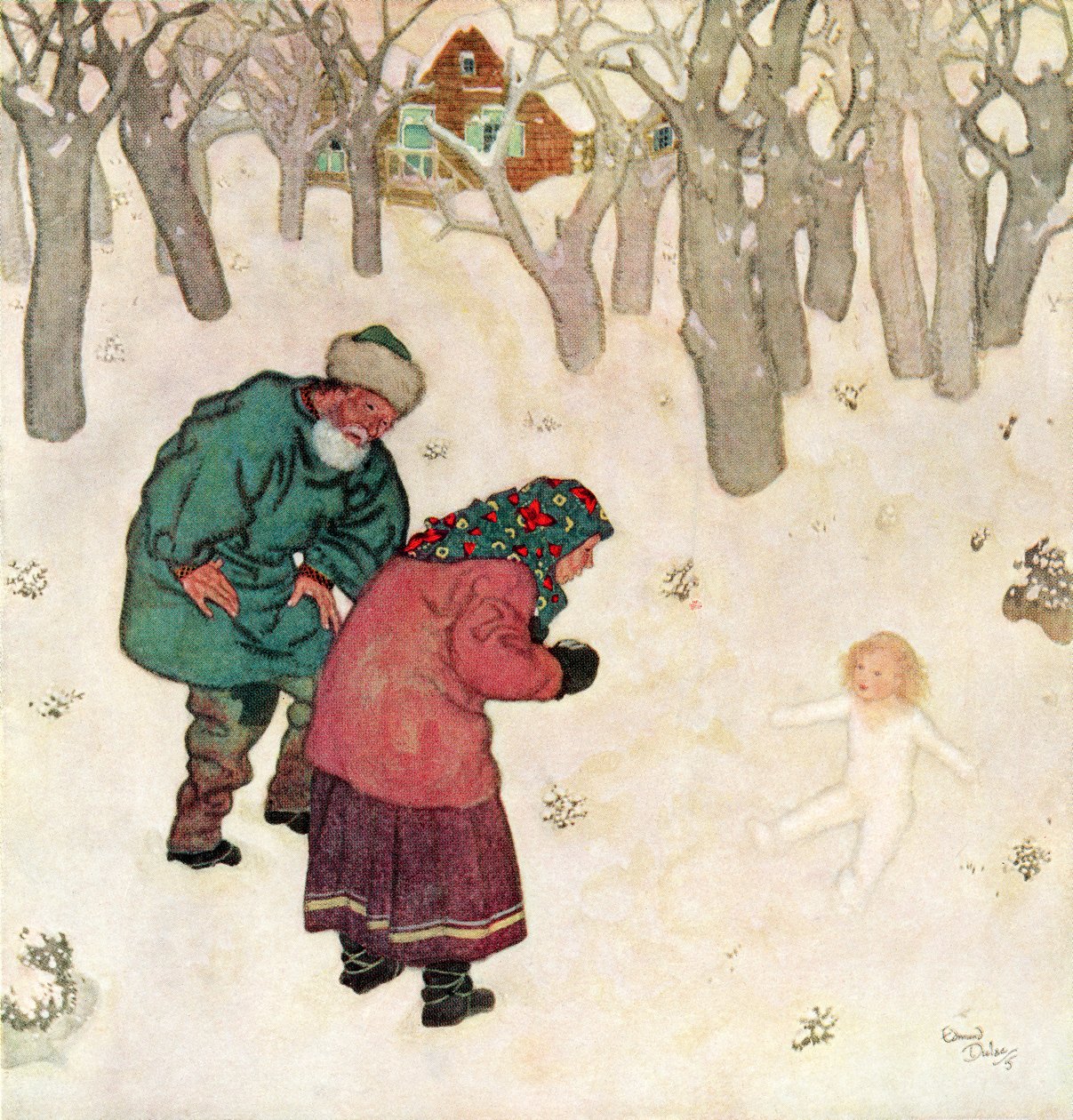 "The daintiest, prettiest little maiden they had ever seen", illustration fra det russiske eventyr Snegorotchka, fra Edmund Dulac