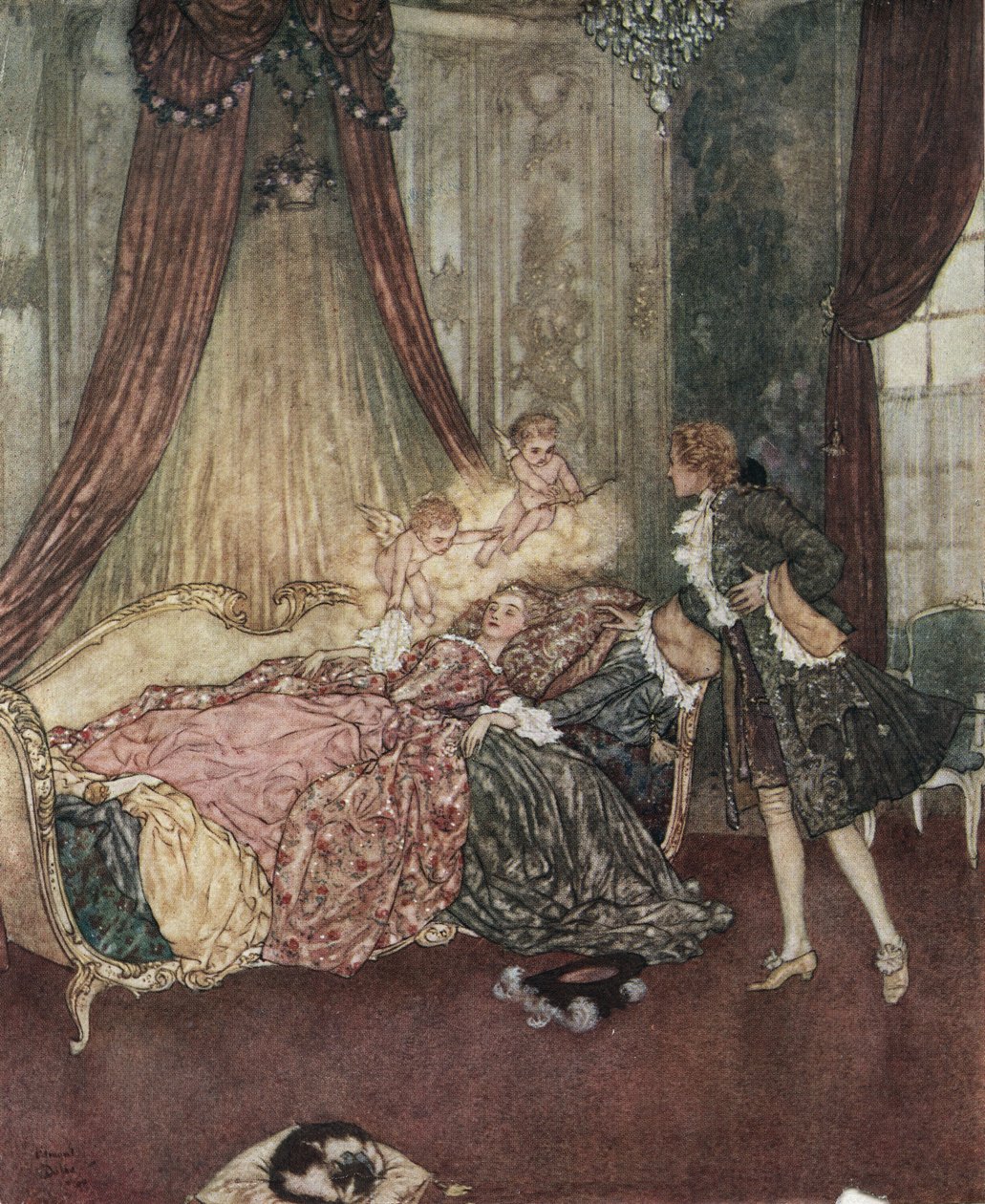 Den sovende skønhed: Prins Charming opdager den sovende pige, ca. 1910 (litografi) af Edmund Dulac
