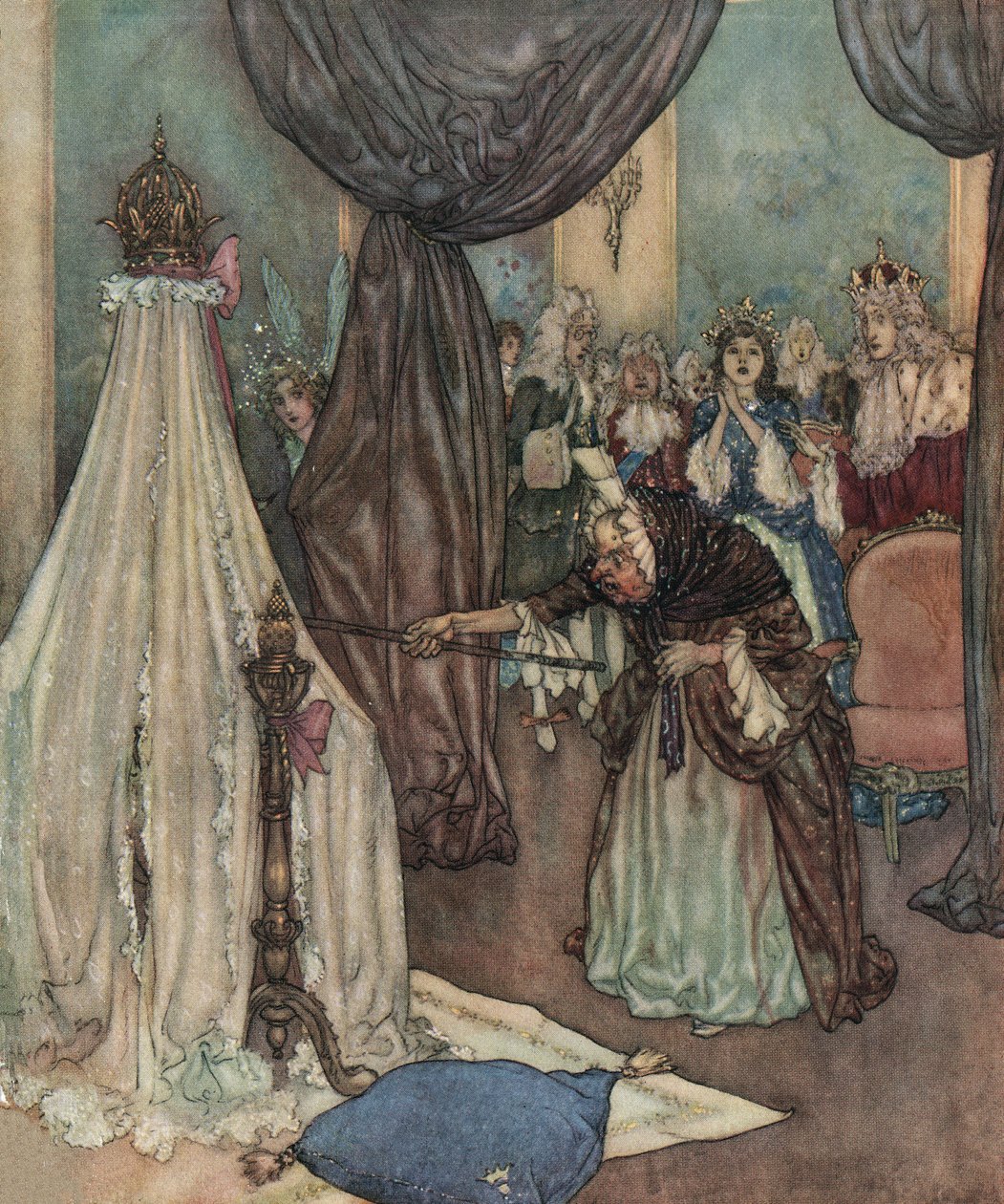 Den sovende skønhed: en gammel fee læner sig ind over prinsessens krybbe og forbander hende, ca. 1910 (litografi) af Edmund Dulac