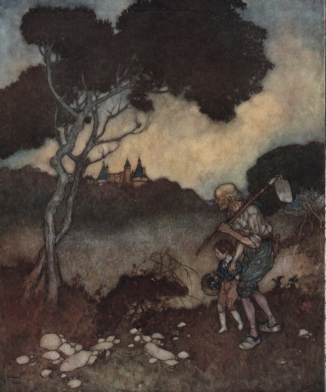 Tornerose: Tårnene på prinsessens slot dukker op over træerne. af Edmund Dulac