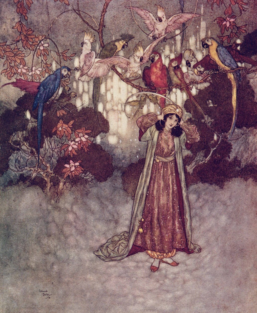 Så snart de så Skønheden, begyndte de at skrige og pludre" fra "Skønheden og Udyret". af Edmund Dulac