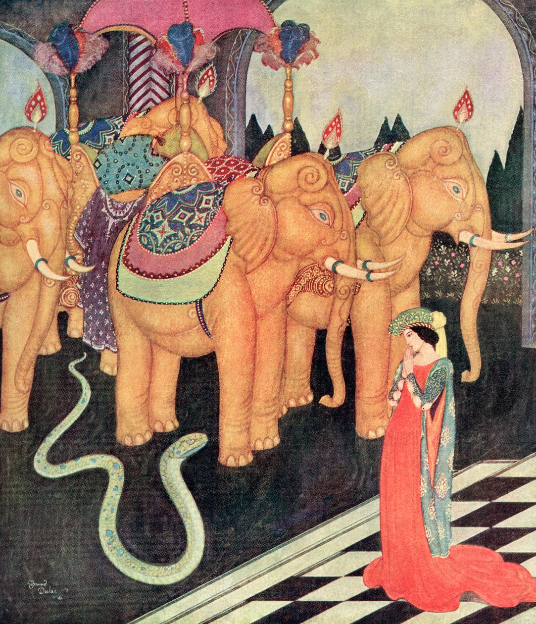 "Da Grannmia så sin fremmede elsker, forblev hun alene rolig og modig", illustration fra det italienske eventyr The Serpent Prince, fra Edmund Dulac