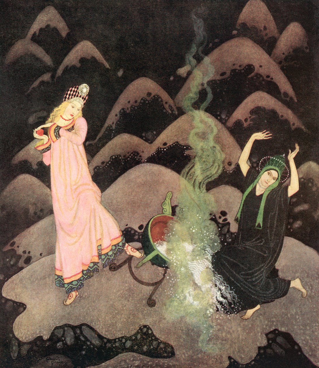 "Med et skrig styrtede prinsessen frem, og før hendes onde søster kunne nå at forhindre hende, havde hun væltet kedlen med et brag", illustration fra det russiske eventyr Ildfuglen, fra Edmund Dulac