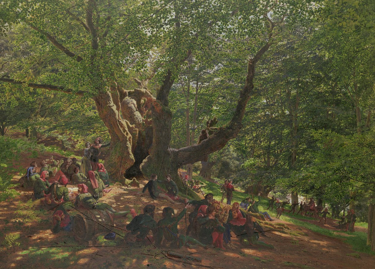 Robin Hood and his Merry Men in Sherwood Forest, 1859 (gouache og gummi arabicum på papir) af Edmund George Warren