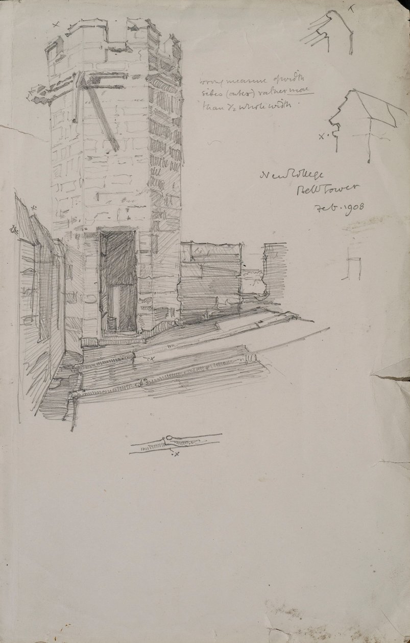 Skitse af klokketårnet på New College, der viser detaljer af blyindfattet tag, blyant fra 1908 på papir af Edmund Hort New