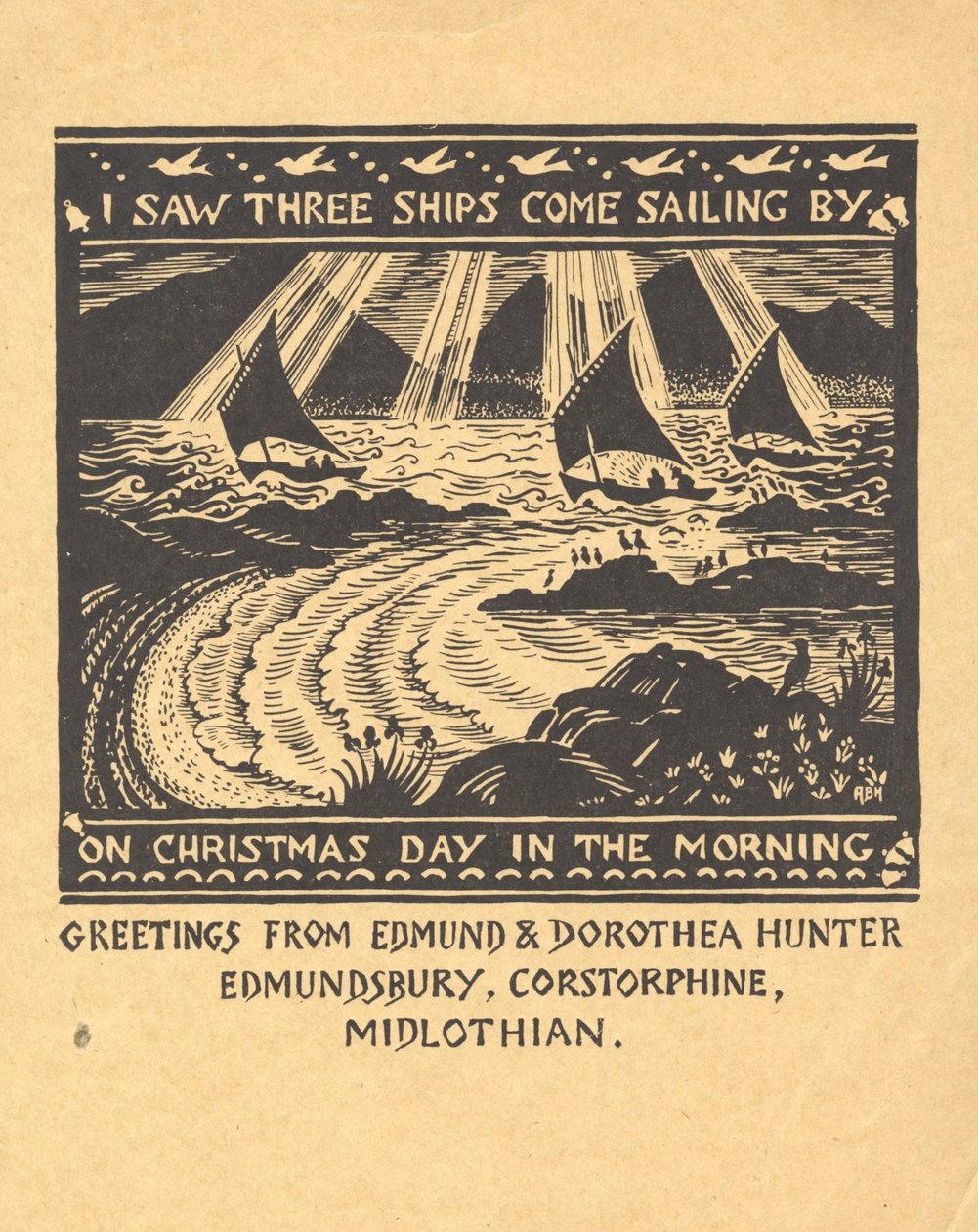 Jeg så tre sejlskibe, c.1930 (gouache på papir) af Edmund Hunter