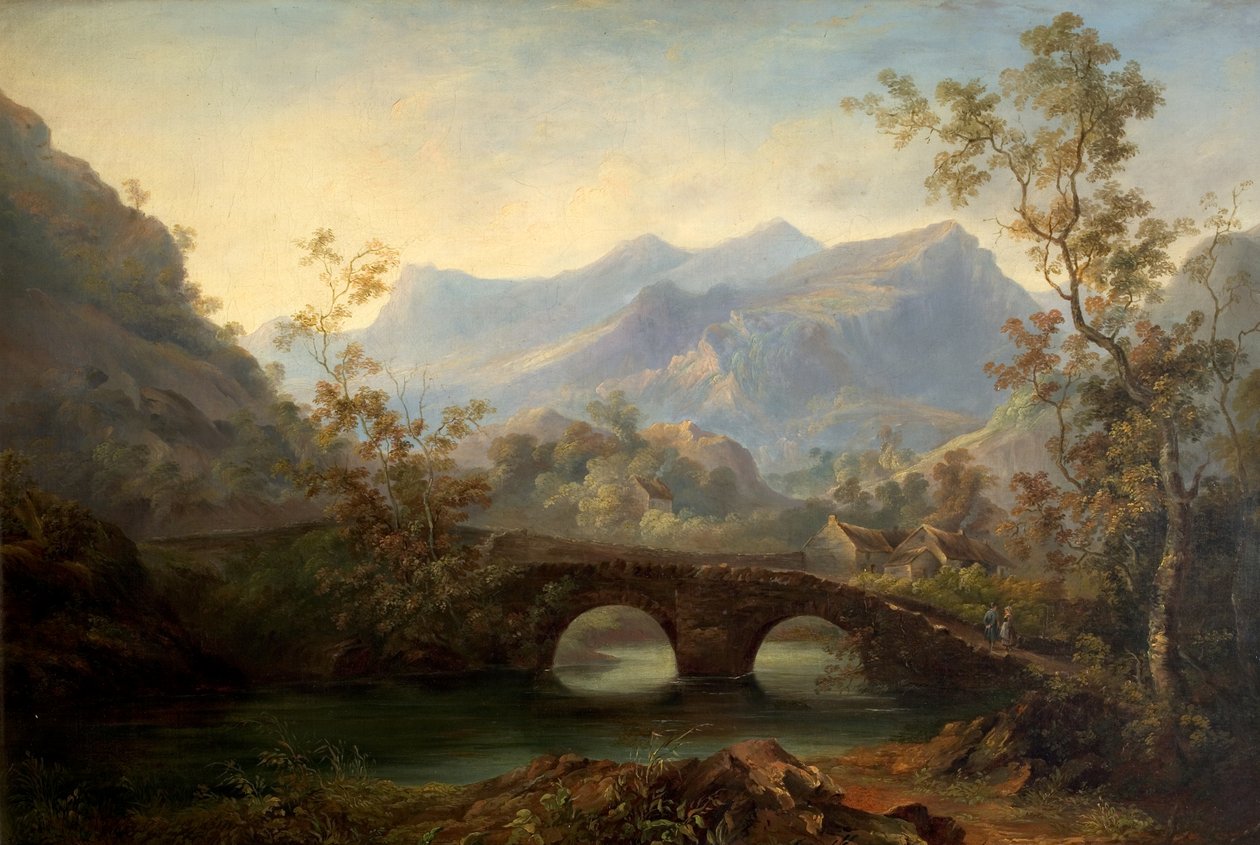 Bjerglandskab med flod, bro og hytter, 1800-tallet af Edmund John Niemann