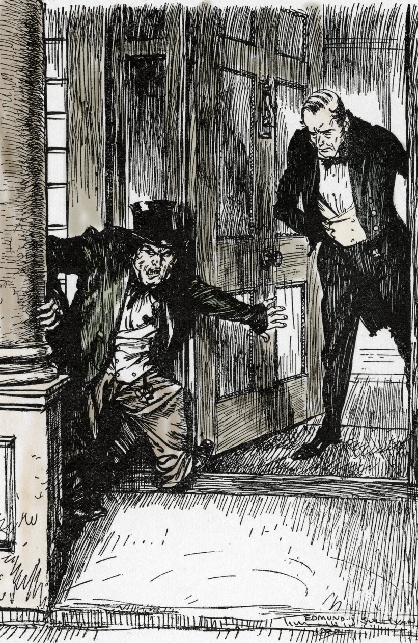 Dr. Lanyon åbner døren og opdager, at hr. Hyde vetus af alt for stort tøj, Illustration af Edmund Joseph Sullivan (1869-1933) til romanen L