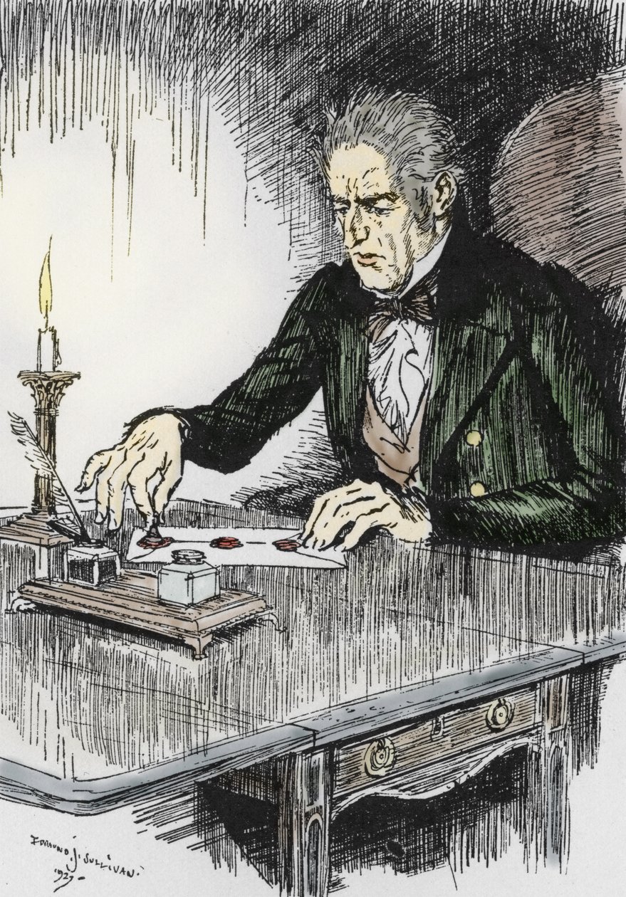 Dr. jekyll lukker brevet, hvor han tilstår at være morderen Mr Hyde, Illustration af Edmund Joseph Sullivan (1869-1933) til romanen L