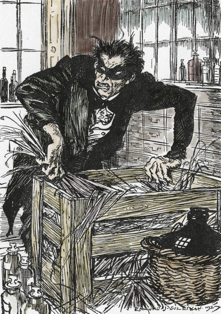 Dr. jekyll søger desperat efter pulveret, der giver ham mulighed for at forringe sin karakter af Mr Hyde, Illustration af Edmund Joseph Sullivan (1869-1933) til romanen L
