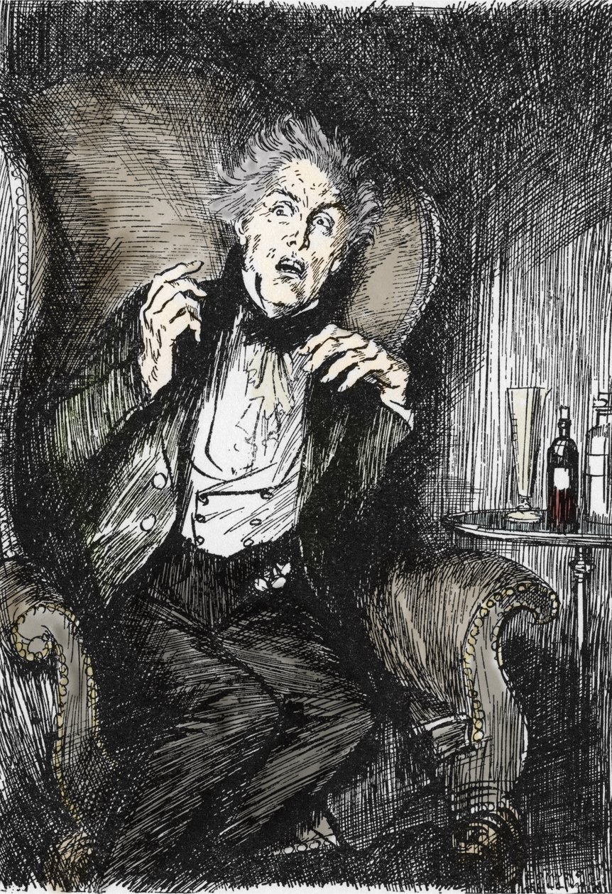 Dr. jekyll i terror under sin samtale med Utterson og Enfield, Illustration af Edmund Joseph Sullivan (1869-1933) til romanen L