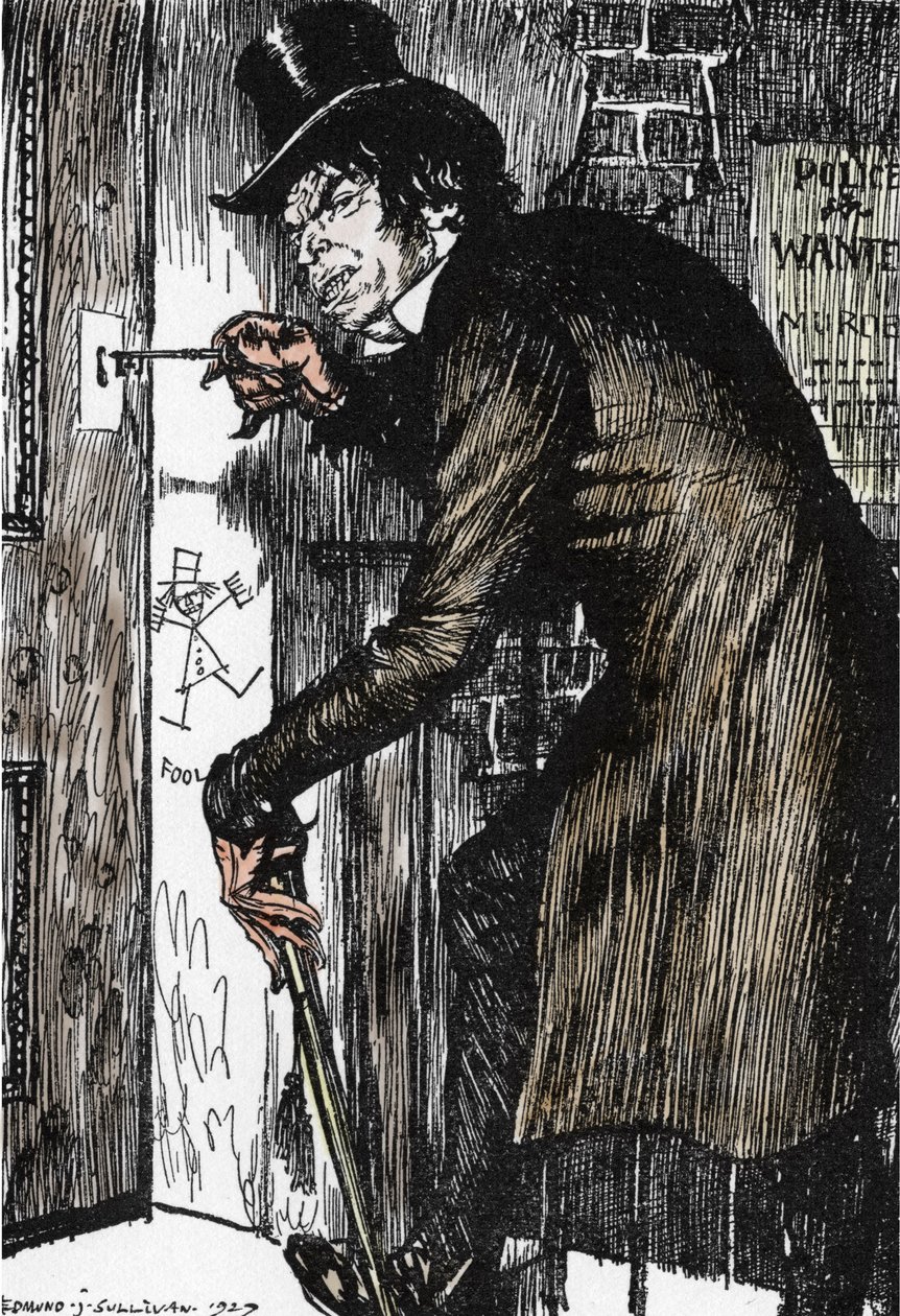 Mr. Hyde vender hjem efter en nat med eventyr for at tage modgiften og genoptage udseendet af Dr. Jekyll, Illustration af Edmund Joseph Sullivan (1869-1933) til romanen L