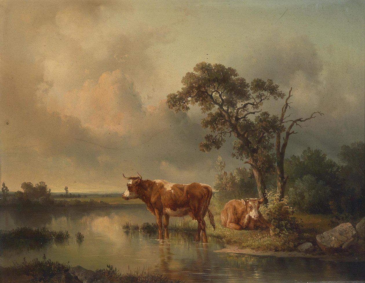 Edmund Mahlknecht hviler køer ved dammen 1854 af Edmund Mahlknecht