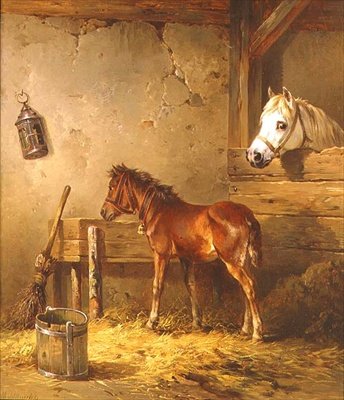 Hoppe og føl i stald (olie på lærred) af Edmund Mahlknecht