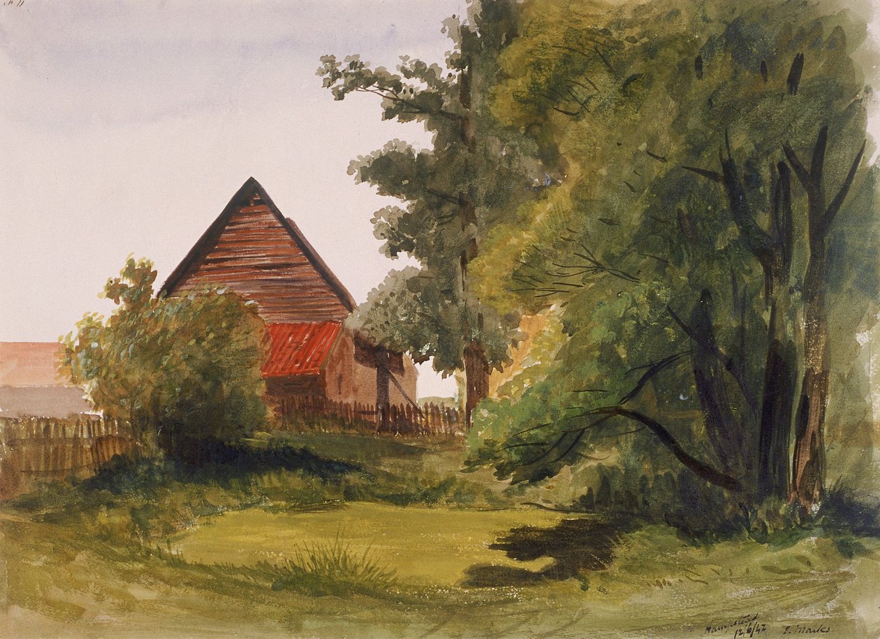 Udsigt over Hampstead med en lade til venstre, Hampstead, Camden, London, 1842 af Edmund Marks