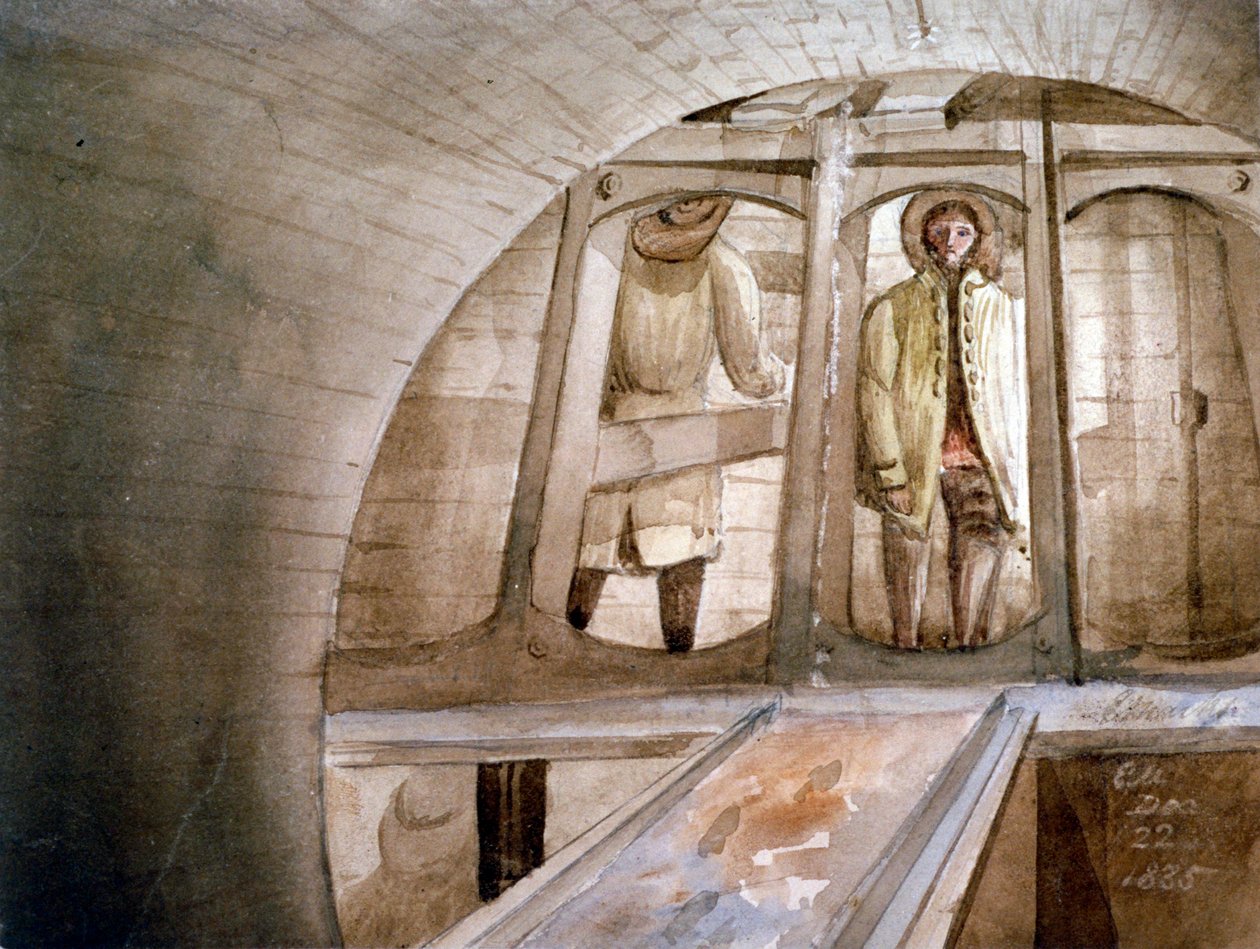 Udsigt over skjoldet brugt i konstruktionen af Thames Tunnel, London, 1835 af Edmund Marks