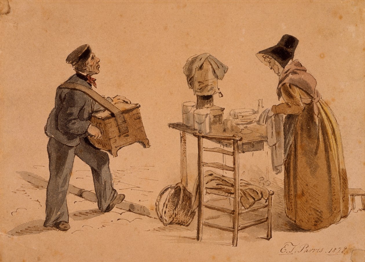 En mand med et tøndeorgel og en kaffesælger, 1828 af Edmund Thomas Parris