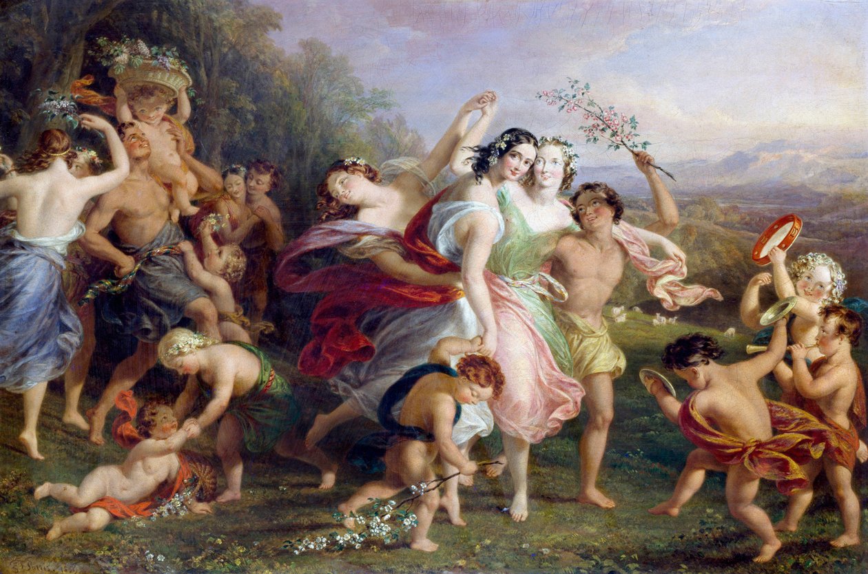 "Matinee de mai" Dans og runder af skovfigurer, børn omkranset af blomster. Maleri af Edmund Thomas Parris (1793-1873) 1859 af Edmund Thomas Parris