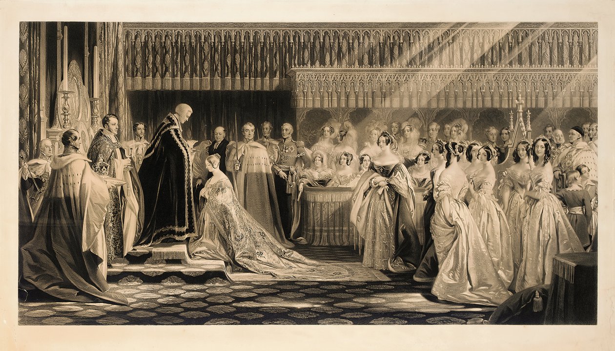Kroningen af Hendes Majestæt Dronning Victoria, i Westminster Abbey, 28. juni, 1838, indgraveret af Charles Edward Flagstaff af Edmund Thomas Parris