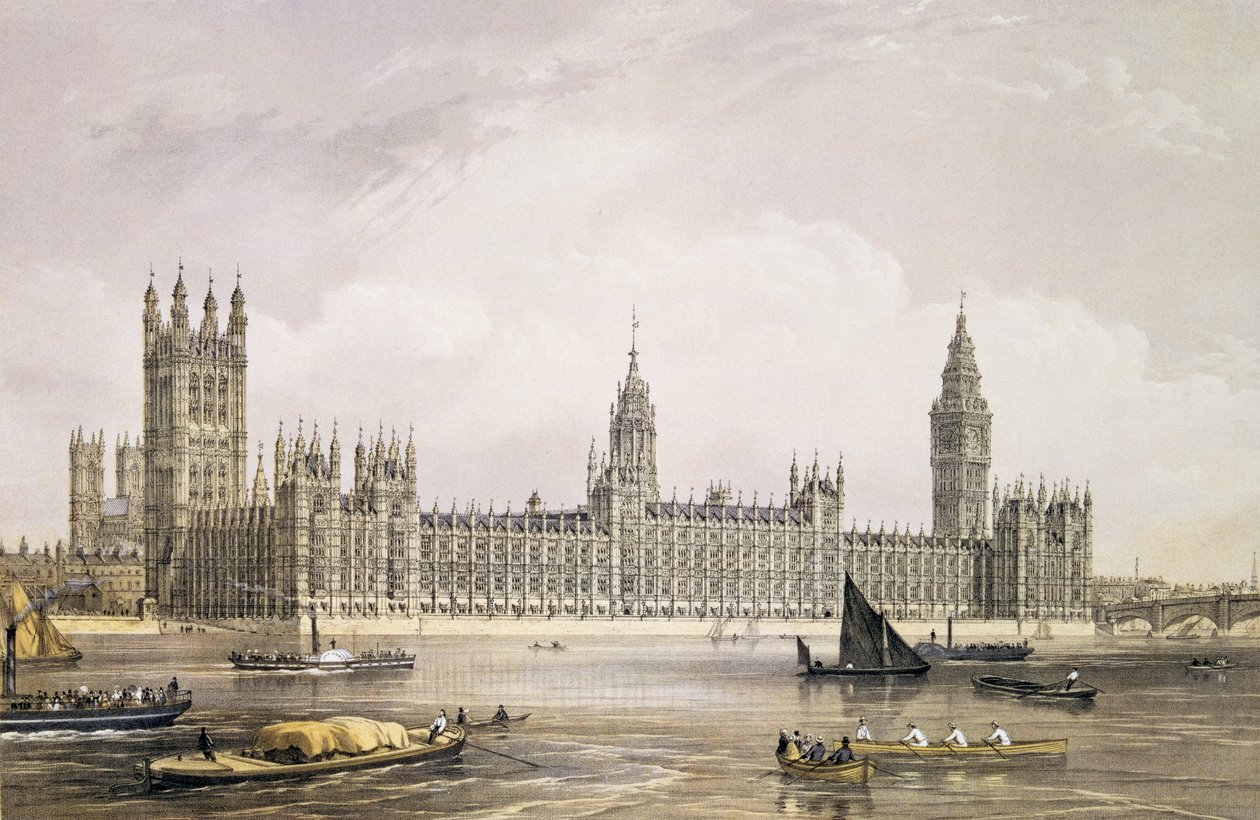 The New Houses of Parliament, indgraveret af Thomas Picken (fl.1838-d.1870) pub. 1852 af Lloyd Bros. und Co. (litografi) af Edmund Walker