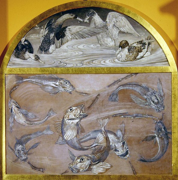 Diptychon: Fisk og ænder i en dam (tempera på kort) af Edoardo Gioja