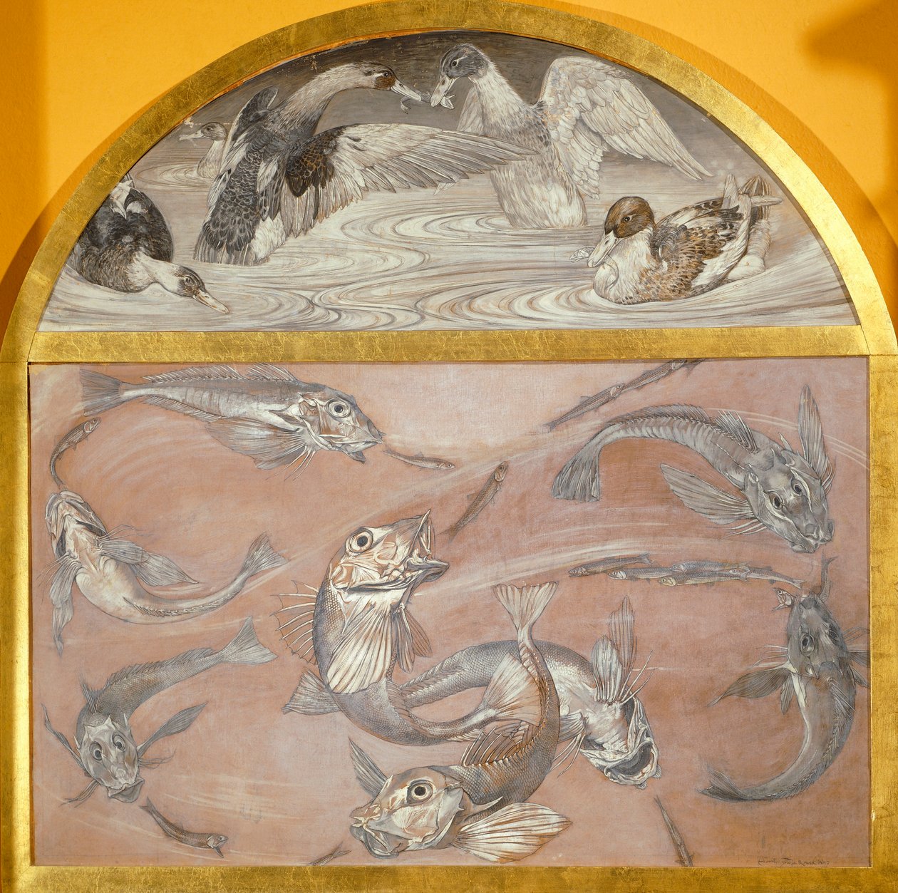 Diptykon med fisk og ænder i dam (tempera på kort) af Edoardo Gioja