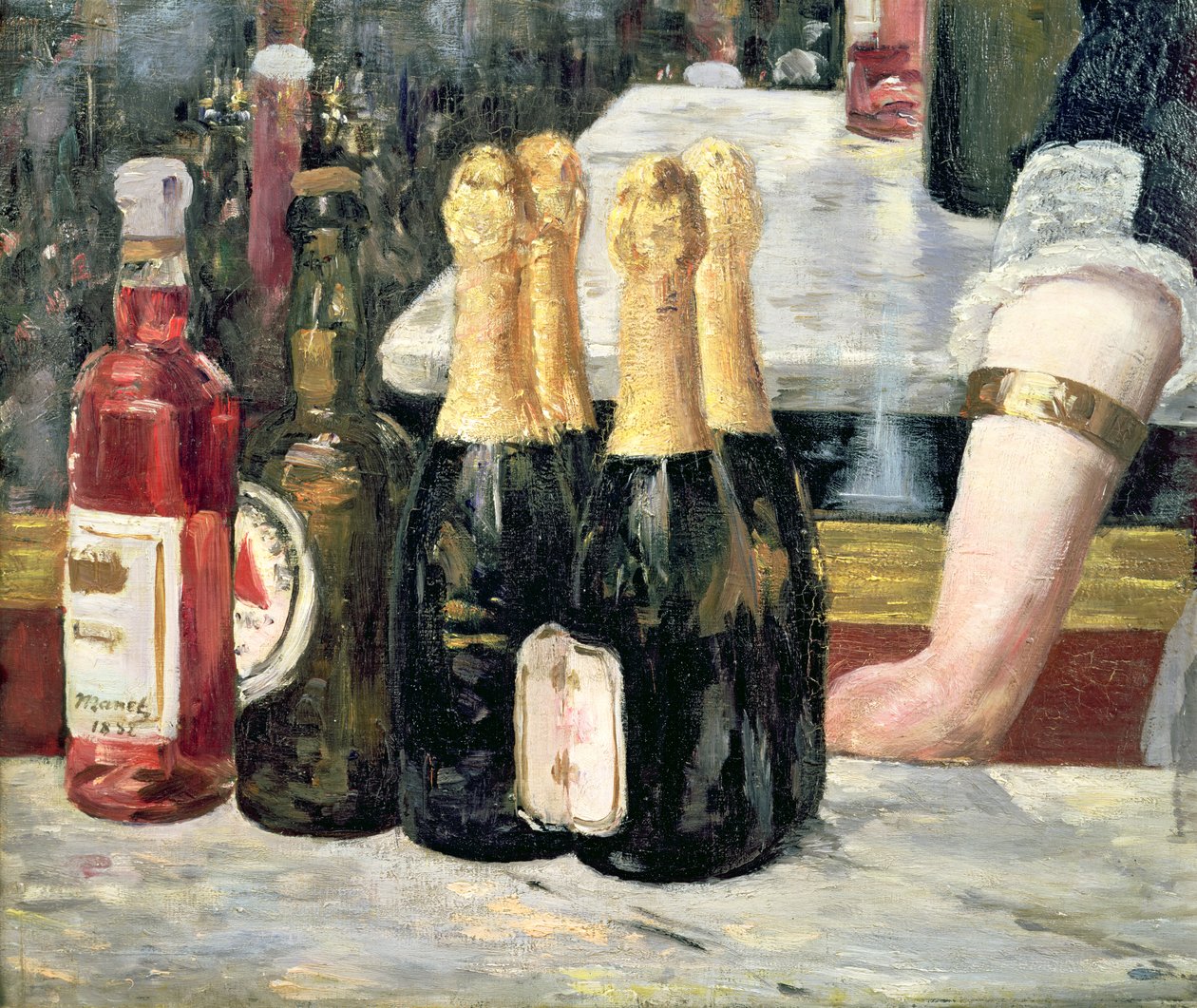 En bar ved Folies-Bergere, detalje af flaskerne på venstre side, 1881-82 af Édouard Manet