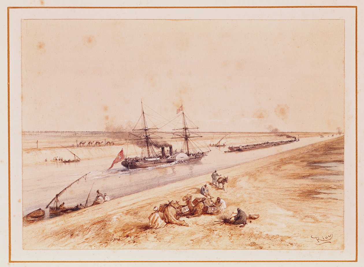 En tyrkisk hjuldamper på vej op ad Suez-kanalen, fra et souveniralbum til minde om kejserinde Eugenies rejse (1826-1920) ved indvielsen i 1869 af Edouard Riou