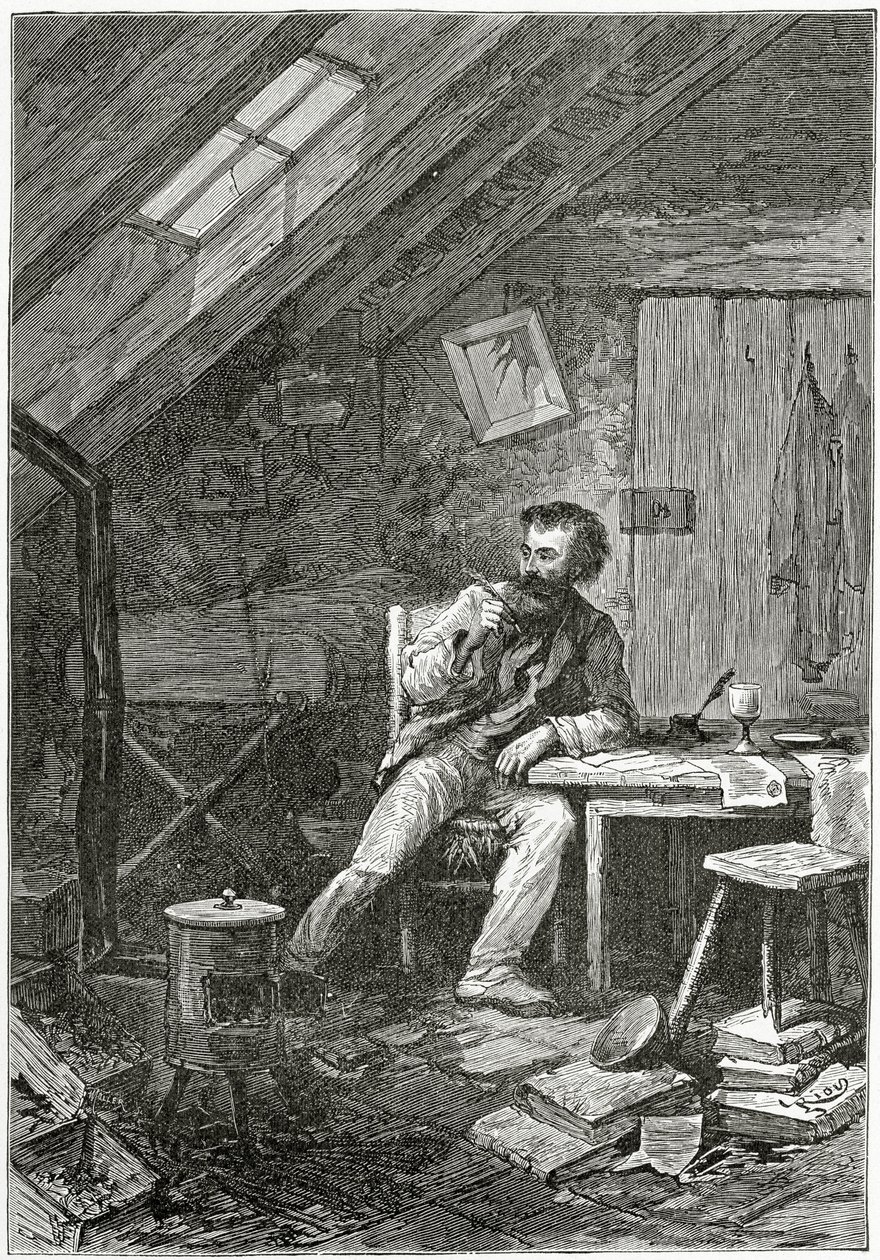 På loftet, 1800-tallet (bw-gravering) af Edouard Riou
