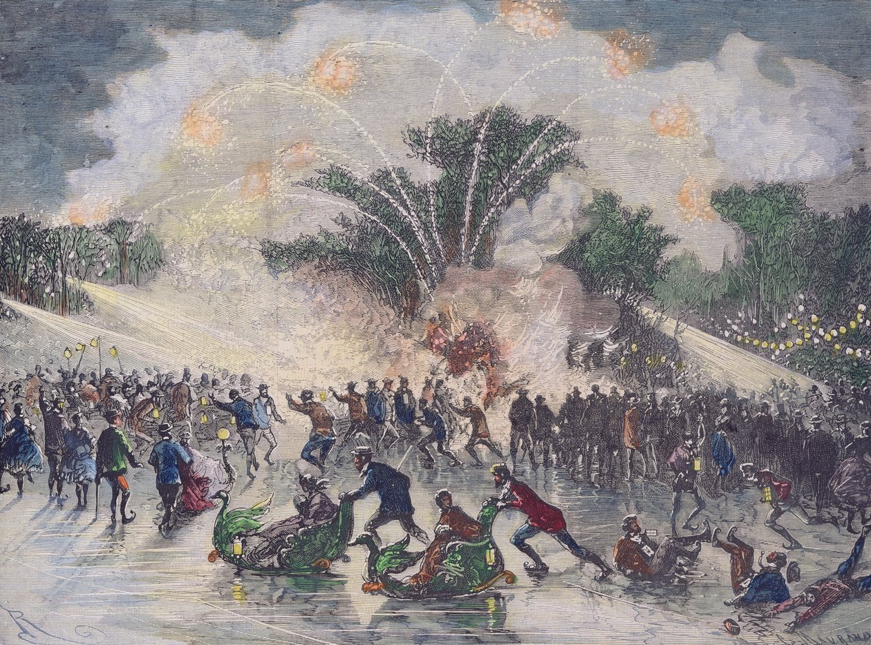 Skøjtefest i Bois de Boulogne, Paris, indgraveret af Charles Maurand af Edouard Riou